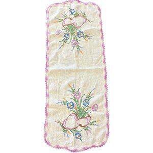 Vintage Hand Embroidered Floral Runner With Crocheted Edges